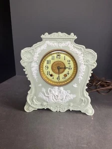 Antique Jasperware Green With High Relief Clock - Picture 1 of 9