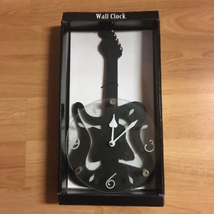GUITAR Music Wall Clock - Black Wood And Glass NEW CLEARANCE - Picture 1 of 3