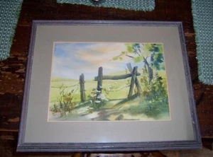 vtg Watercolor Painting by Ethel Carpenter signed country side split rail flower - Picture 1 of 8