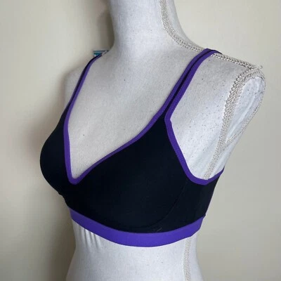 Youmita Athletic Sports Bra PADDED Wireless Keyhole Racerback BLACK Purple Lined - Image 1 of 4