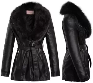 Womens Faux leather Biker Coat Black Faux Fur Quilted Jacket Size 10 12 14 8 - Picture 1 of 10