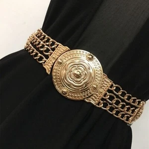 Gold Kette Gürtel Elastisch Stretch Korsett Gürtel für Frauen Große Blume Schnalle Metall - Bild 1 von 9