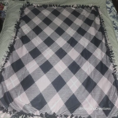 Check Plaid Pink & Gray WARM HANDMADE 2 layer tie blanket/throw 48"× 60" - Image 1 of 4