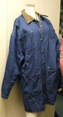NWT Vintage Mid-length “Results” Denim Jacket w/Brwn Leather Collar Sz Large Foto 1 de 3