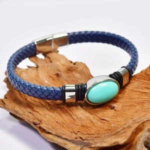 925 STERLING SILVER NATURAL BLUE TURCUOISE & BLUE LEATHER CUFF BANGLE, 7.5 - Picture 1 of 7