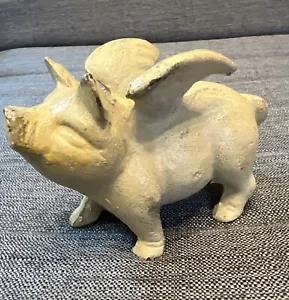 Small Pig Cast Iron Flying Pig Bank Statue Figurine Art When Pigs Fly - Picture 1 of 16