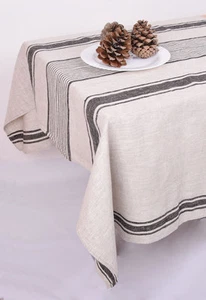 Striped linen tablecloth. Washed natural handmade Linen Tablecloth - Picture 1 of 17