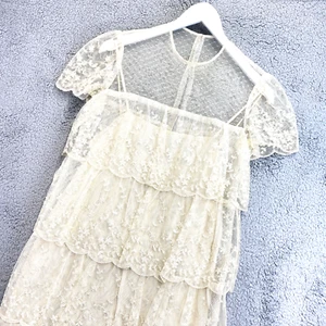 Vintage 50s 60s Lee Jordan Lace Dress 4 Cream Tiered Prairie Cottagecore Fairy - Picture 1 of 24