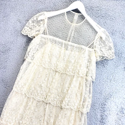 Vintage 50s 60s Lee Jordan Lace Dress 4 Cream Tiered Prairie Cottagecore Fairy - Image 1 of 4