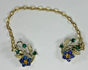 vtg Sweater Guard Rhinestone Blue Floral Cardigan Clip goldtone - Picture 1 of 9