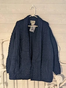 Aran Crafts Woll-Cardigan Pullover neu ohne Etikett blau Grobstrick Fischer Zopfmuster XL - Bild 1 von 7