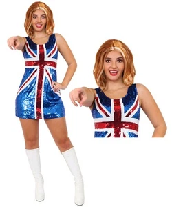 SEÑORAS UNION JACK LENTEJUELAS VESTIDO PELUCA JENGIBRE AÑOS 90 GRAN BRETAÑA DISFRAZ VESTIDO ELEGANTE - Imagen 1 de 9