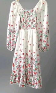 Draper James Leinenkleid Damen M weiß Blumen gesmokt Milkmaid Midi  - Bild 1 von 6