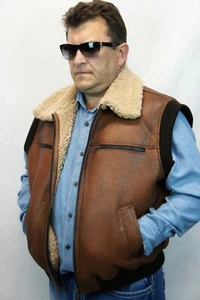 RUSTY BROWN 100% REAL SHEEPSKIN SHEARLING LEATHER MEN FUR VEST JACKET S-8XL NWT - Picture 1 of 10