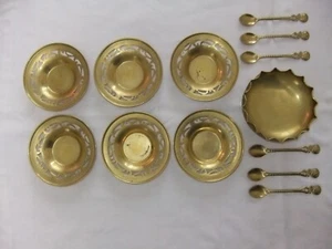 VINTAGE EASTERN BRASS SAUCERS, SUGAR BOWL & SPOONS X 6 - Picture 1 of 11