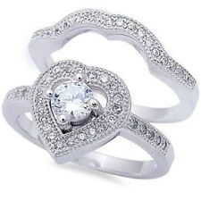 .925 Sterling Silver 2CT Round and Heart Cz 2 Ring Engagement Set Silver Ring 