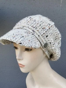 Aran Fleck Style Newsboy Crochet Slouchy Cap Adult Beanie Hat with Visor Beret - Picture 1 of 8