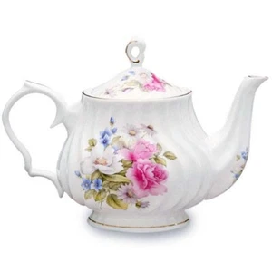 Grace Teaware Pink Rose Fine Bone China Teapot Gold Trim Swirl Shape - Picture 1 of 1