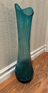Vintage LE Smith Glass Peacock Blue Thousand Eye Swung Floor Vase Fat 22” x 7" - Picture 1 of 5