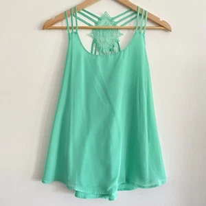 E&M Blouse Tank Large Mint Green Semi Sheer Feminine Lounge Wear Girly Lace - Picture 1 of 12