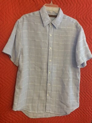Perry Ellis Mens S/S Shirt Large Blue with white geometric design Linen - Image 1 of 4