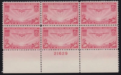 US C22 50c Airmail China Chopper Mint Bot Plate #21629 Block XF OG NH (-001) - Image 1 of 2