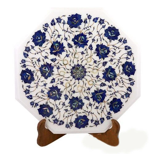 15" white Marble Table top semi precious stones Floral Inlay room home decor - Image 1 of 1