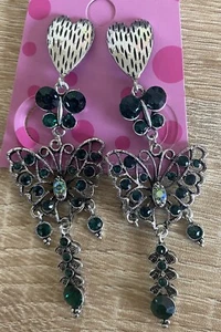 Silver butterfly earrings - with green crystals - Picture 1 of 6