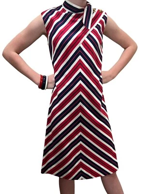 Sz S~SM  Vtg 60s Chevron Dress Tie Neck Red White Blue Stripe Tie Neck - Image 1 of 4