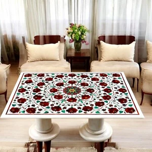 2'x4' White Marble Dining Tabletop Carnelian Stone Inlay Floral Art Centerpiece - Picture 1 of 12