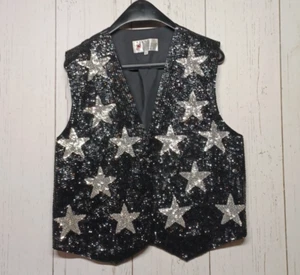 Vtg JC women sequin vest size XL black silver stars snap sparkle holiday - Picture 1 of 4