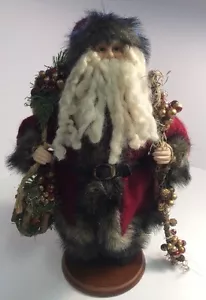 Babbo Natale fatto a mano 16" con canna sacco uccellino in gabbia su piedistallo in legno Natale - Foto 1 di 12