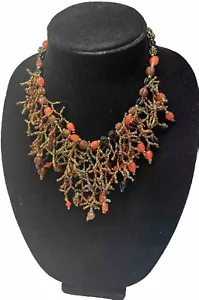 High End Carnelian & Glass Bead Statement Necklace Dangle Threads - Picture 1 of 14