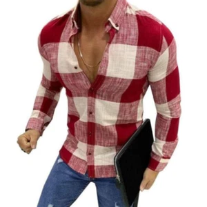 Camicia uomo a quadri manica lunga bottoni slim fit casual elegante camicie blusa - Foto 1 di 8