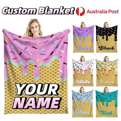 Personalized Ice Cream Flannel ​Blanket Throw Custom Name Birthday Xmas Gift AU Foto 1 de 4
