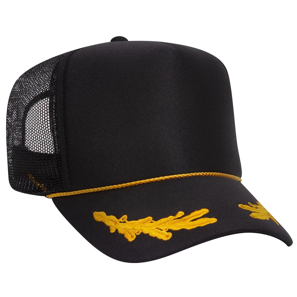 Otto Black With Gold Oak Leaves Star High Foam Front Mesh Trucker Style Hat