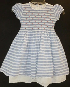 Rachel Riley Girls Dress Size 5Y Blue White Stripe Floral Embroidered Smocked - Picture 1 of 4