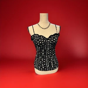 Venus S schwarz weiß gepunktet gerafft Tank Top Pinup Retro dehnbar Rüschen Betty - Bild 1 von 3