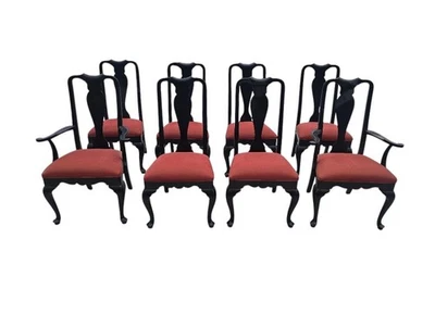 Juego de 8 sillas de comedor Ethan Allen Queen Anne - negras con tapicería roja Foto 1 de 4