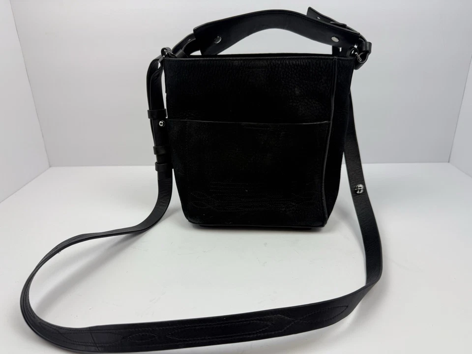 AllSaints Black Leather Crossbody Shoulder Bag Minimalist Bucket Style - Image 1 of 4