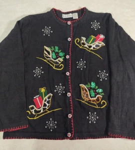 B.P Design Women's XL Black Christmas Holiday Sleds Snowflakes Sweater Pre-owned - Picture 1 of 12