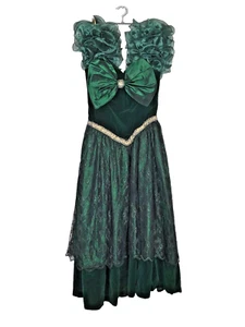 1980s Prom Dress Vintage 11/12 Green Velvet Gold Sequin Puff Sleeve Lace Puffy - Picture 1 of 10