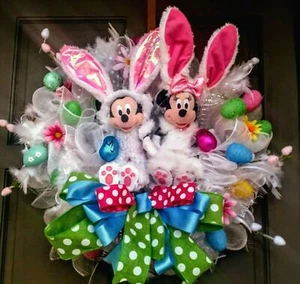 Mickey and Minnie Mouse Easter Bunny Disney Wreath Spring Front Door Decor 24" - Picture 1 of 10