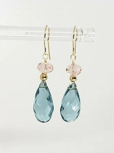 14k Yellow Gold Blue Aquamarine Quartz Briolette Pink Swarovski  Drop Earrings - Picture 1 of 5