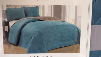 Wentworth Interiors 3 Piece Embossed Reversible Teal and Taupe Queen Quilt Set - Image 1 of 4
