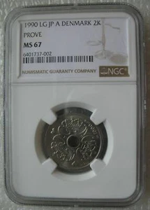 Denmark 2 Kroner 1990 LG JP A PROVE Coin NGC MS67 - Picture 1 of 4