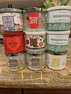 LOTE (9) frascos/tapas de albañil de vela de mecha única vacíos Bath and Body Works 7 oz SIN LIMPIAR Foto 1 de 2