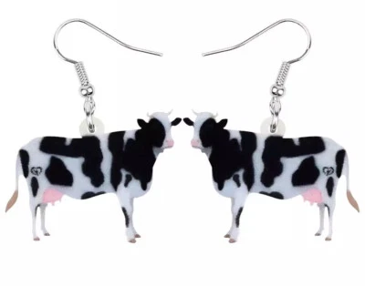 Pendientes Holstein de becerro de vaca lechera divertidos animales de granja, blanco y negro, nuevos Foto 1 de 4