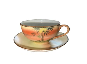 Vintage Hand Painted NIPPON Japan Sunset Palm Tree TEACUP Tea cup Saucer Set - Picture 1 of 16