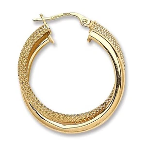 9CT HALLMARKED YELLOW GOLD TEXTURED & POLISHED 25MM ROUND TWIST HOOP EARRINGS - Picture 1 of 5